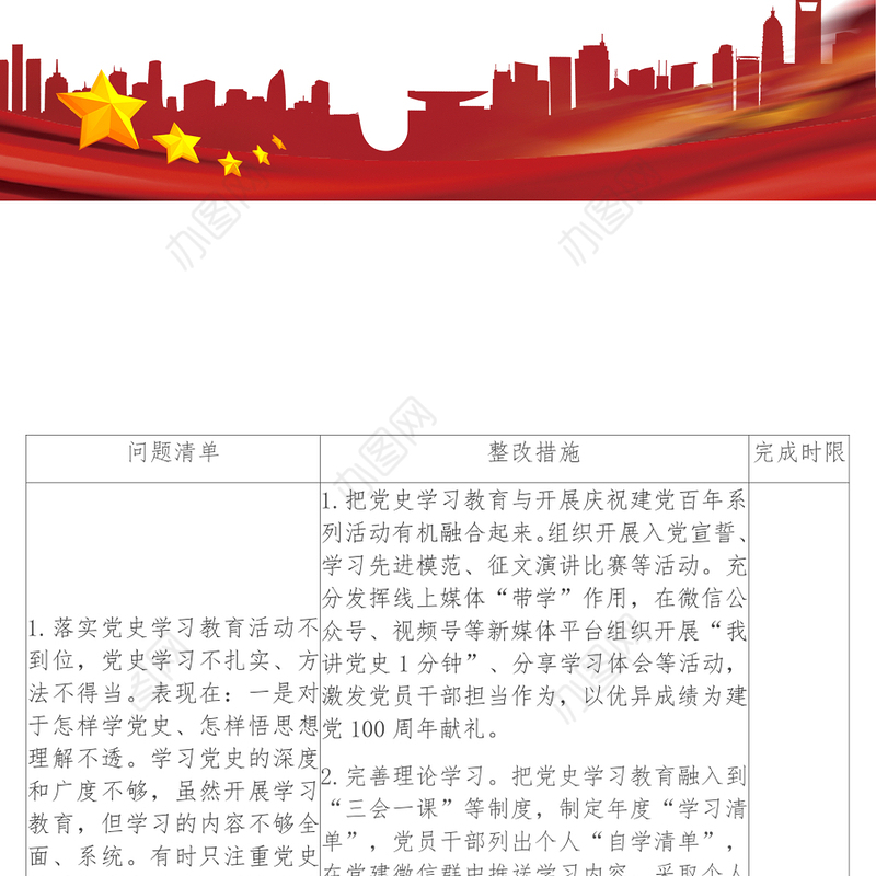 党史学习教育专题组织生活会检视问题及整改清单