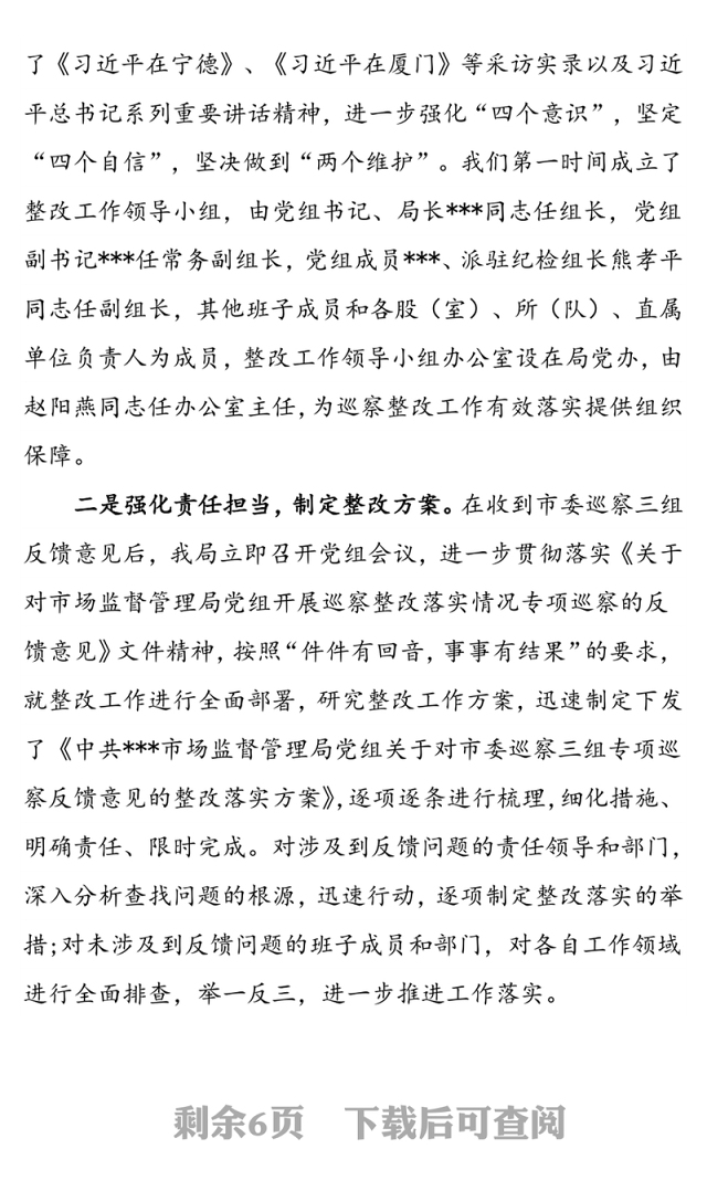 市委市场监督管理局党组关于专项巡察整改进展情况的通报