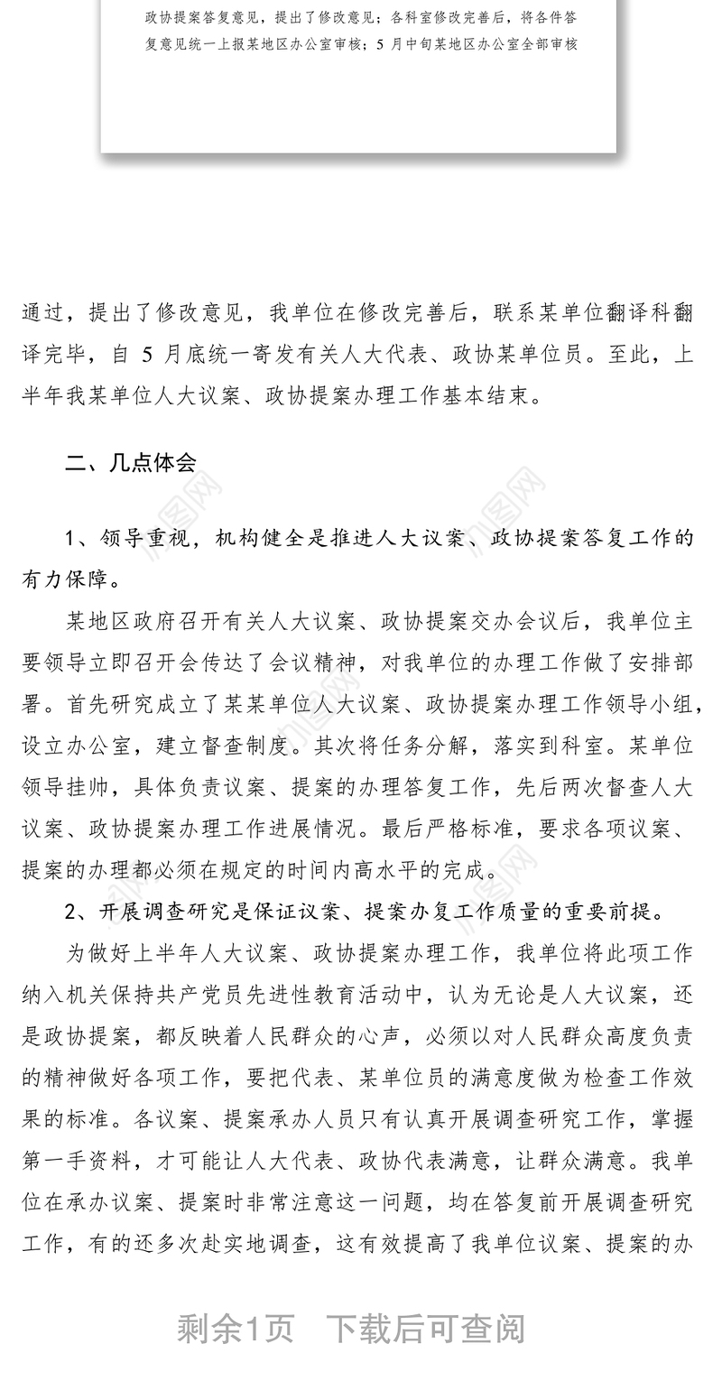 2021单位上半年人大议案、政协提案办理工作总结