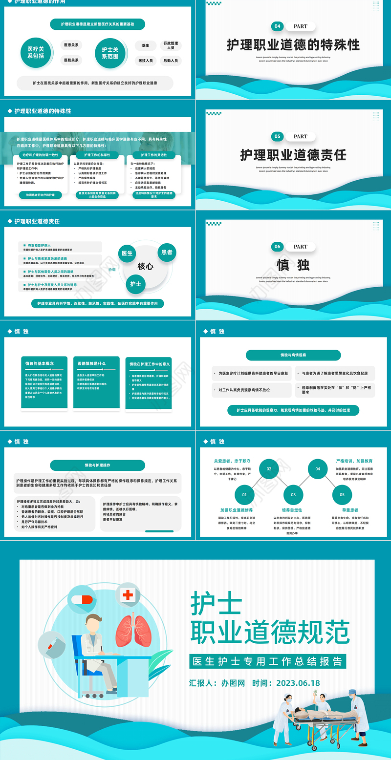 2023护士职业道德规范PPT绿色商务风医生护士专用工作总结报告专题课件模板下载