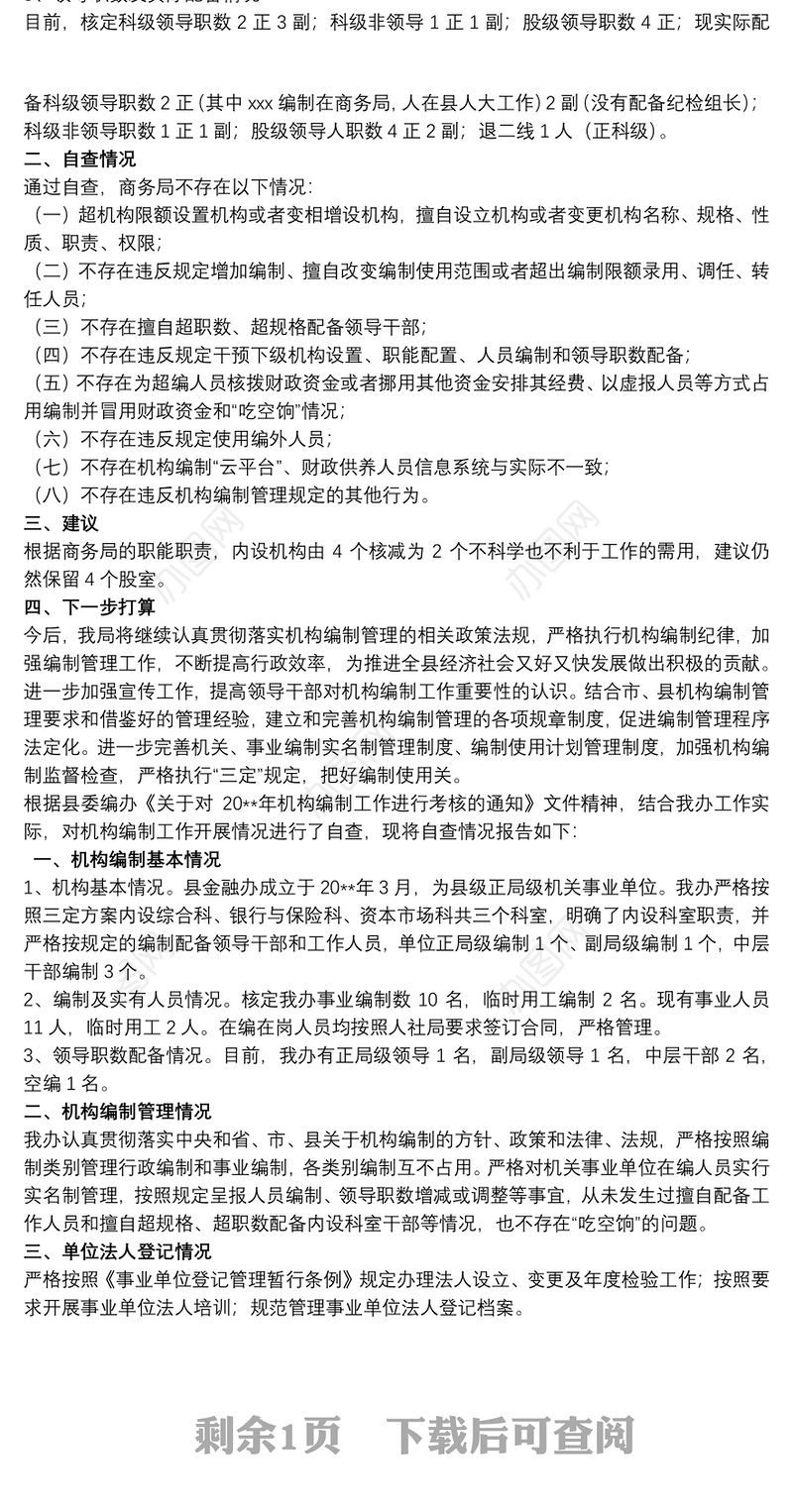关于机构编制执行情况的自查报告