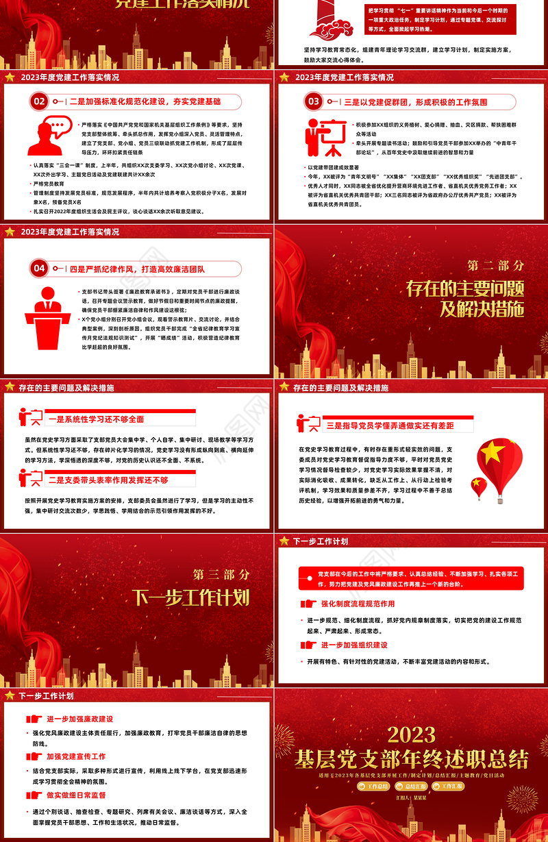 2023党支部年终述职PPT大气精美基层党支部年终工作总结新年工作计划模板