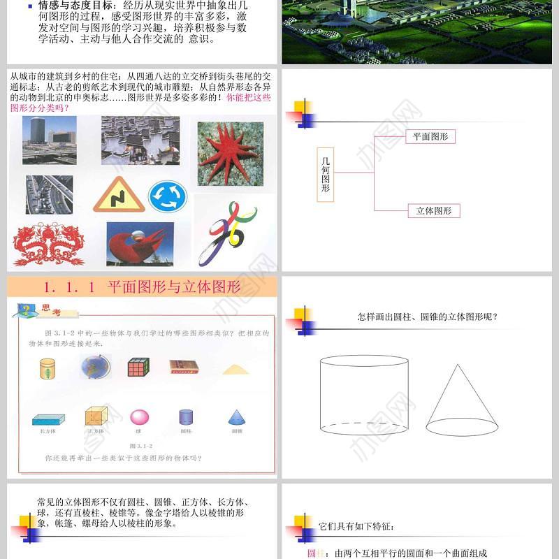  图形认识初步立体图形与平面图形数学课件PPT模板
