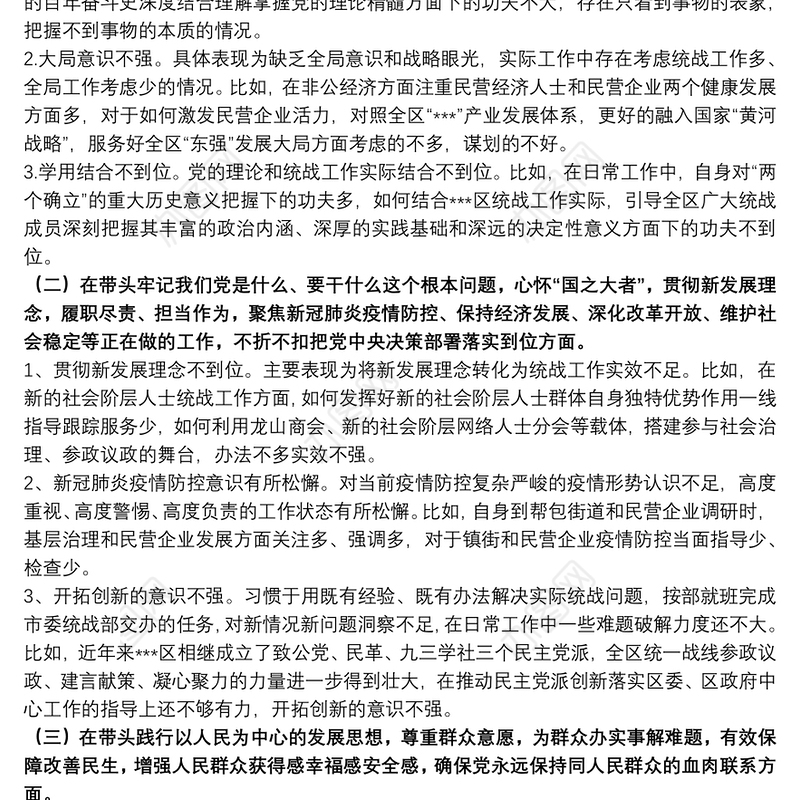 统战部长2021年党史学习教育五个带头民主生活会个人对照检查材料