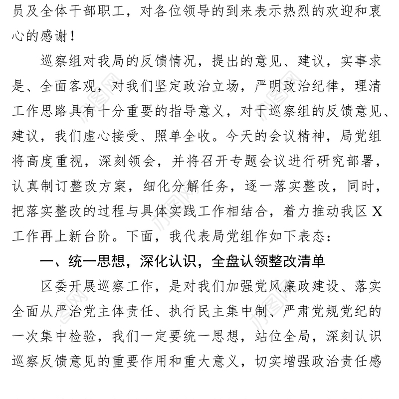 巡视整改在巡察工作情况反馈会上的整改表态发言