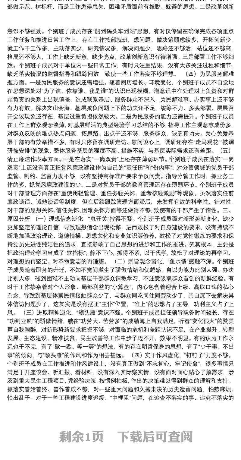 民主生活会班子检视剖析材料