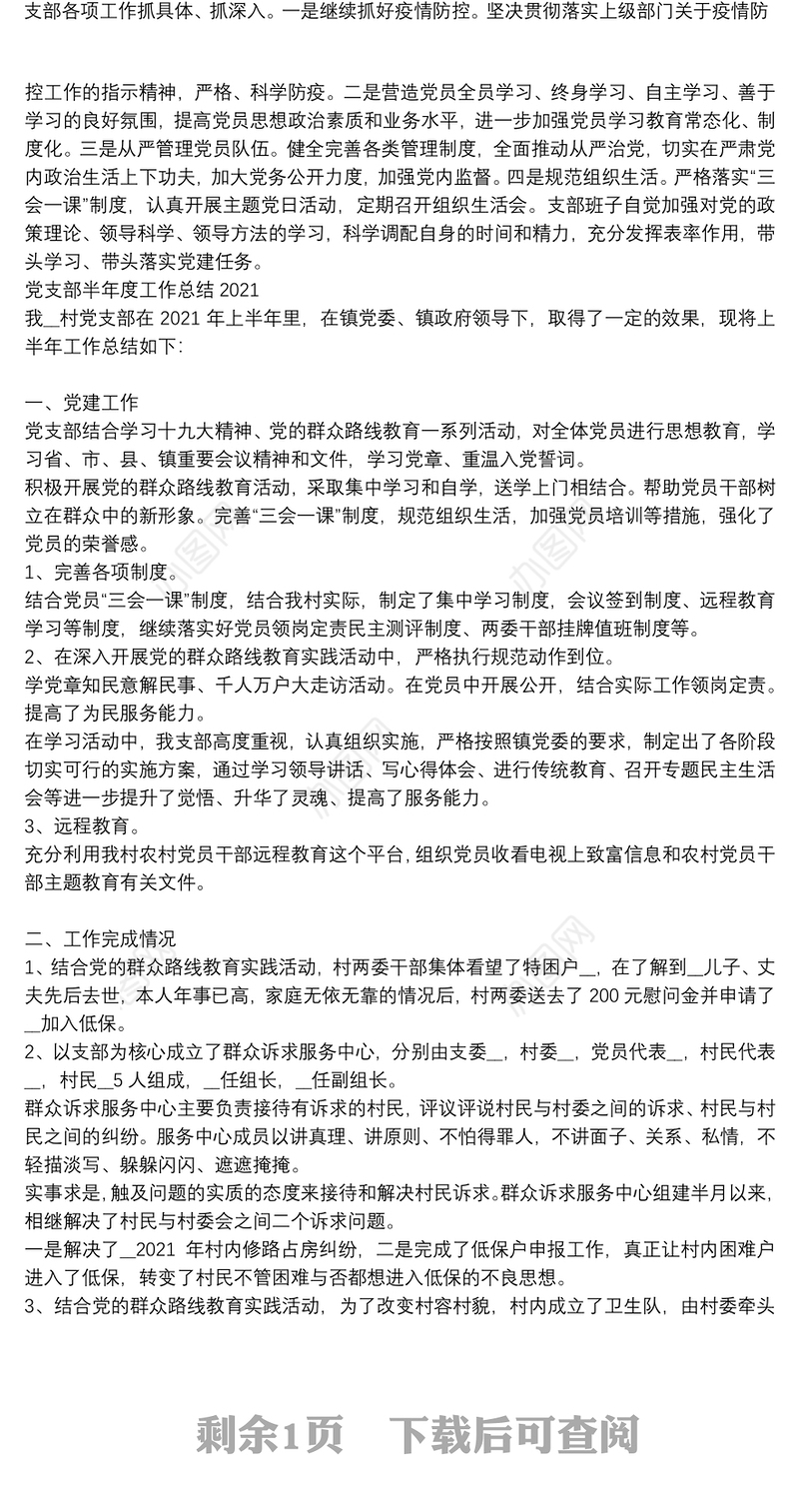 党支部半年度工作总结2021