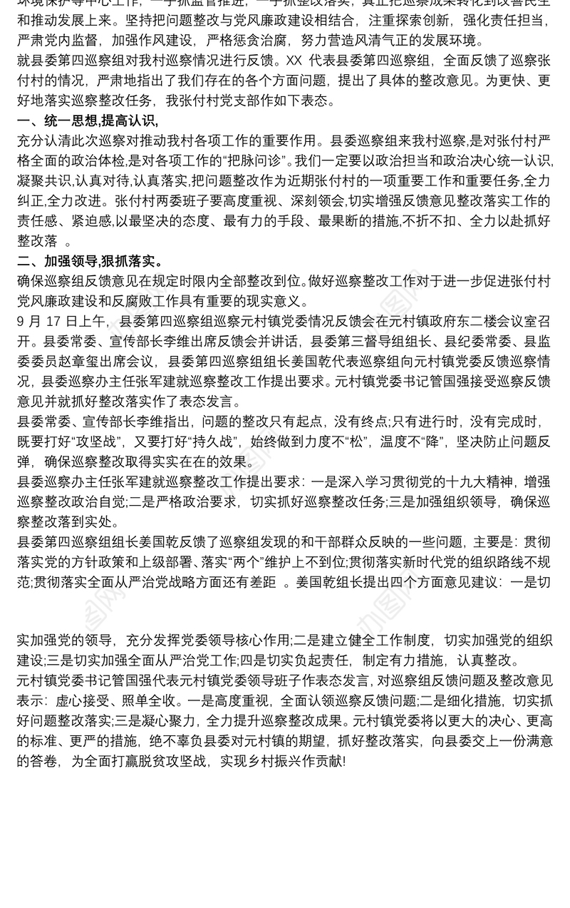 村支书对县委巡察组巡察反馈会表态发言