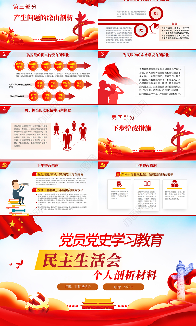 2022党员党史学习教育民主生活会个人剖析材料PPT精品党政部门党支部教育专题党课模板