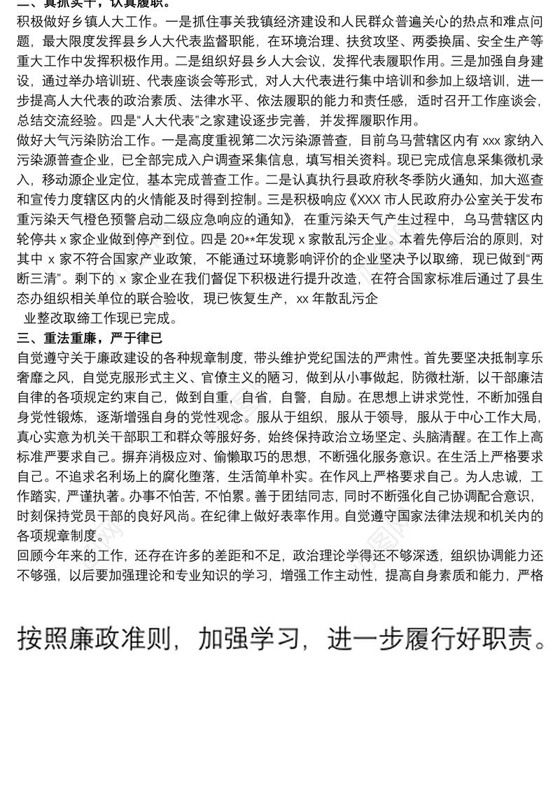 镇人大主席述学述职述廉述法报告