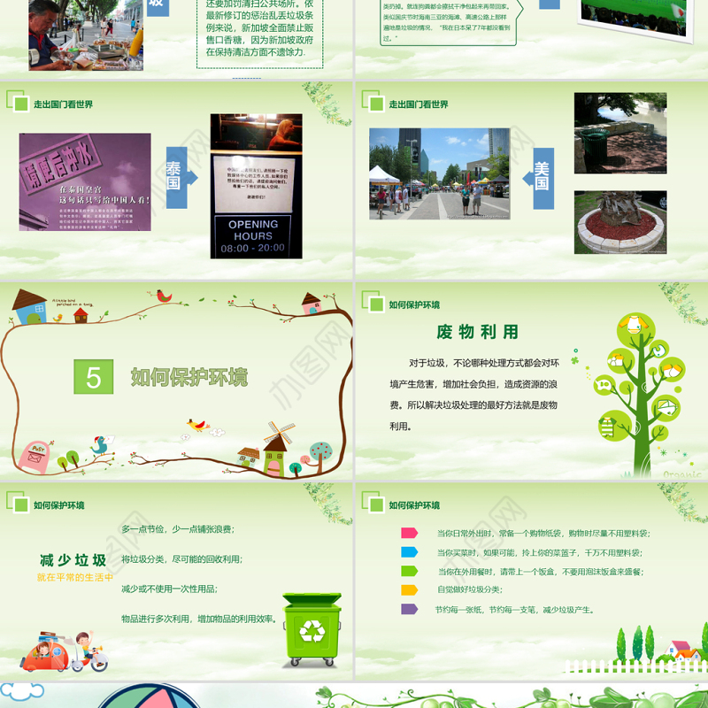 绿色环保卡通清新环境保护爱护家园主题班会课件讲座PPT