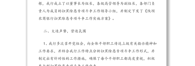 农商银行关于开展扫黑除恶专项斗争的工作报告