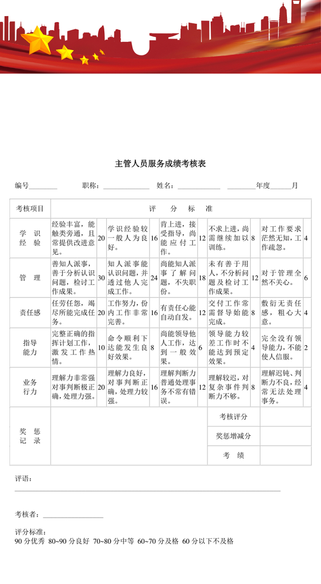 主管人员服务成绩考核表