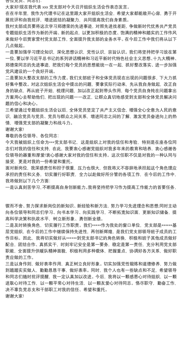 党支部书记表态发言稿