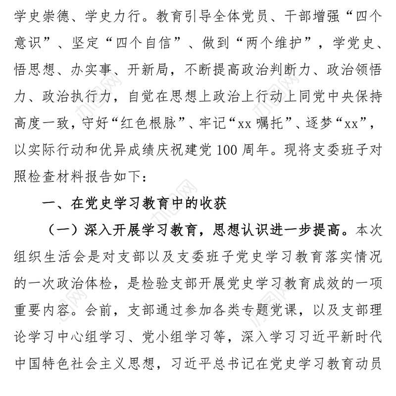 公司党支部党史学习教育专题组织生活会班子对照检查材料