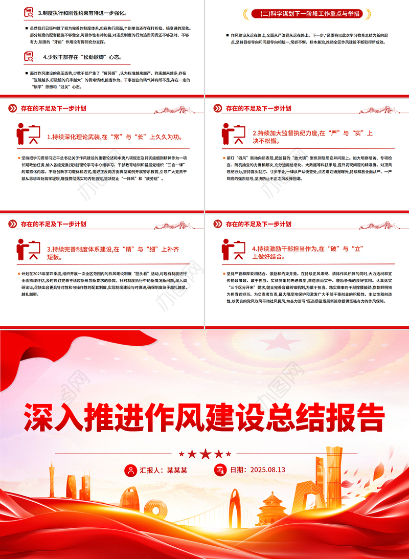 红色简洁深入推进作风建设总结报告PPT模板