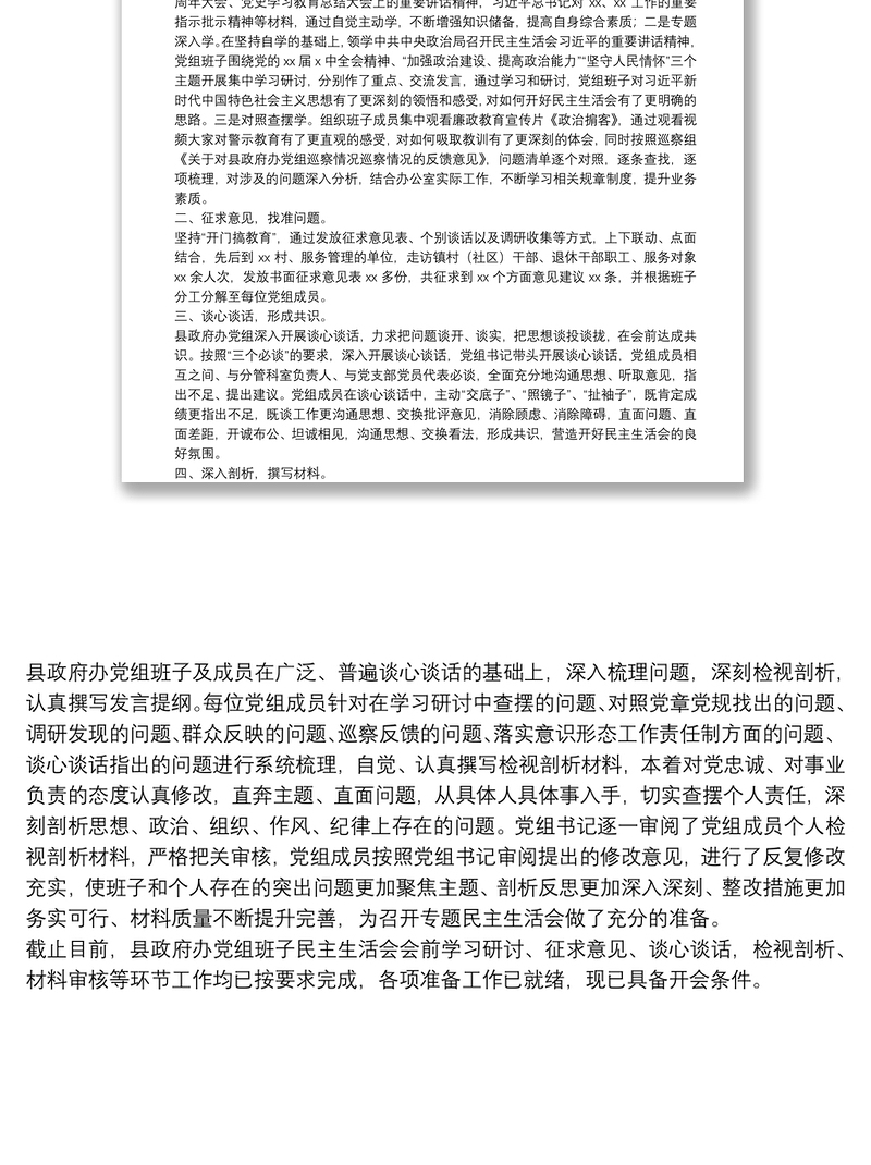 县政府办党组班子2021年专题民主生活会准备工作情况报告