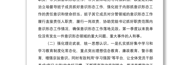 2021年第一季度意识形态工作汇报范文