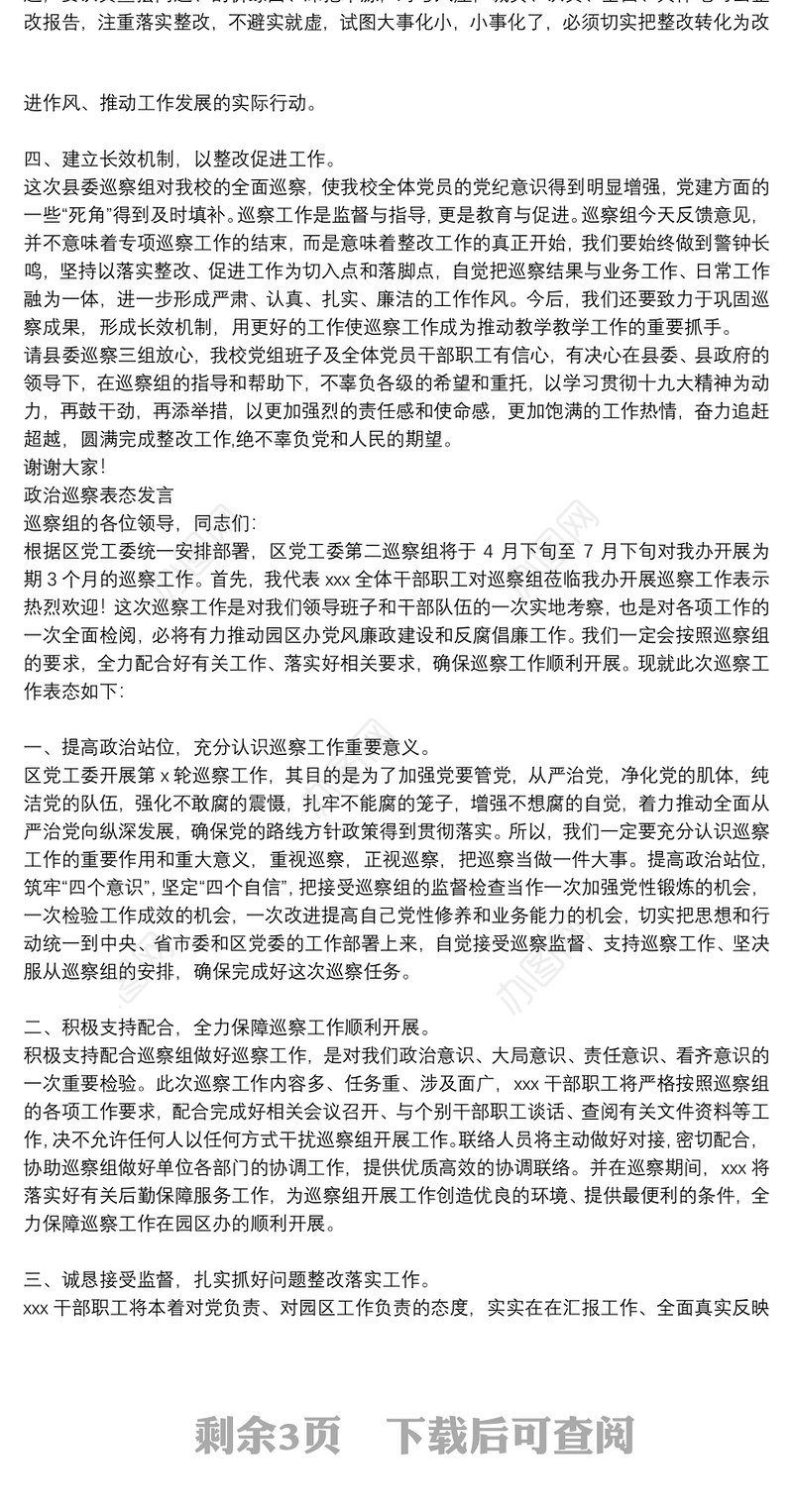 政治巡察表态发言