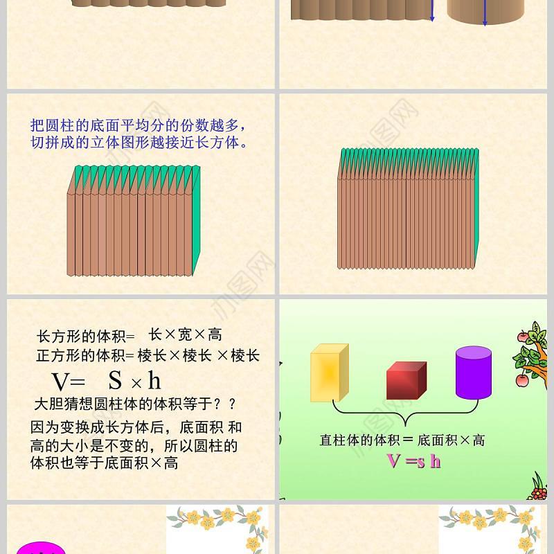  九年义务教育六年制小学数学课件第十二册圆柱的体积PPT模板