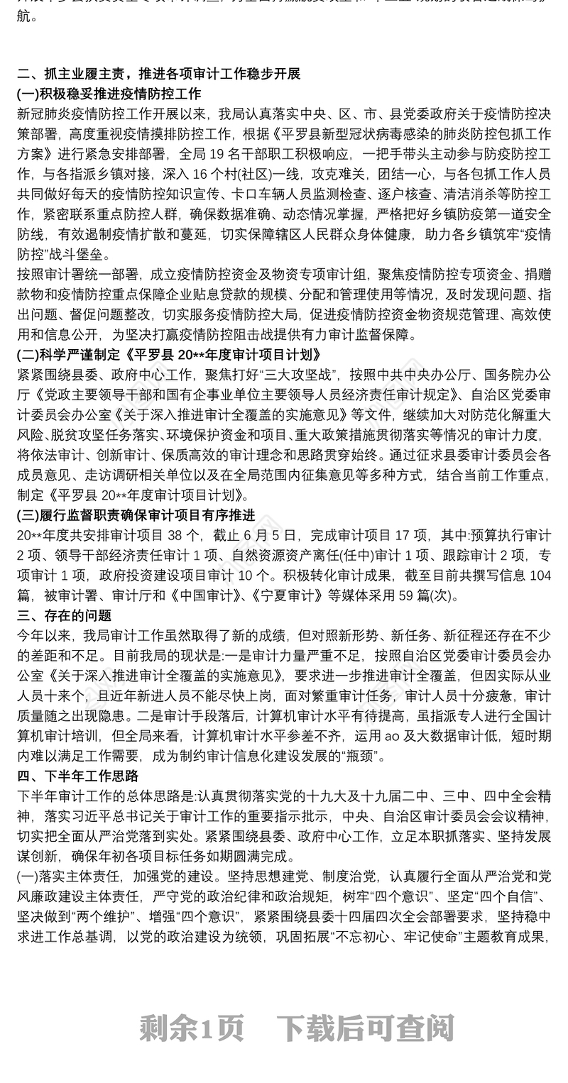 县审计局关于20xx年上半年工作总结暨下半年工作思路