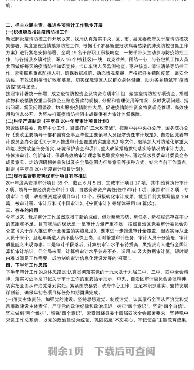 县审计局关于20xx年上半年工作总结暨下半年工作思路