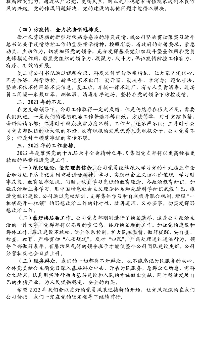 2021年X集团支部党建工作总结及下年度工作计划