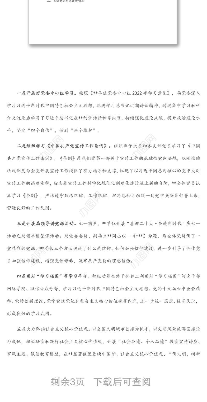 某单位意识形态工作开展情况自查报告