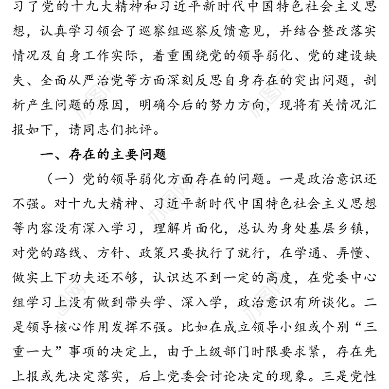 党委书记巡察整改民主生活会个人对照检查材料（镇乡）