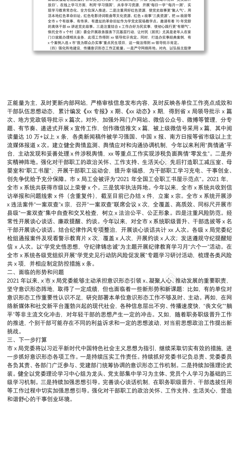 2021年意识形态工作情况总结报告