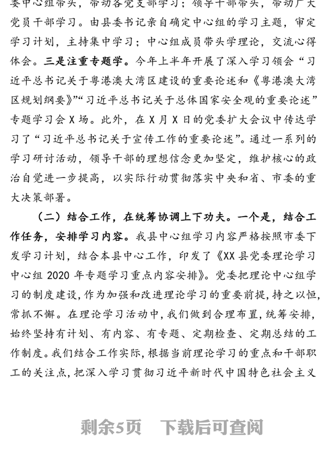党委理论学习中心组2020年上半年总结及下半年学习计划