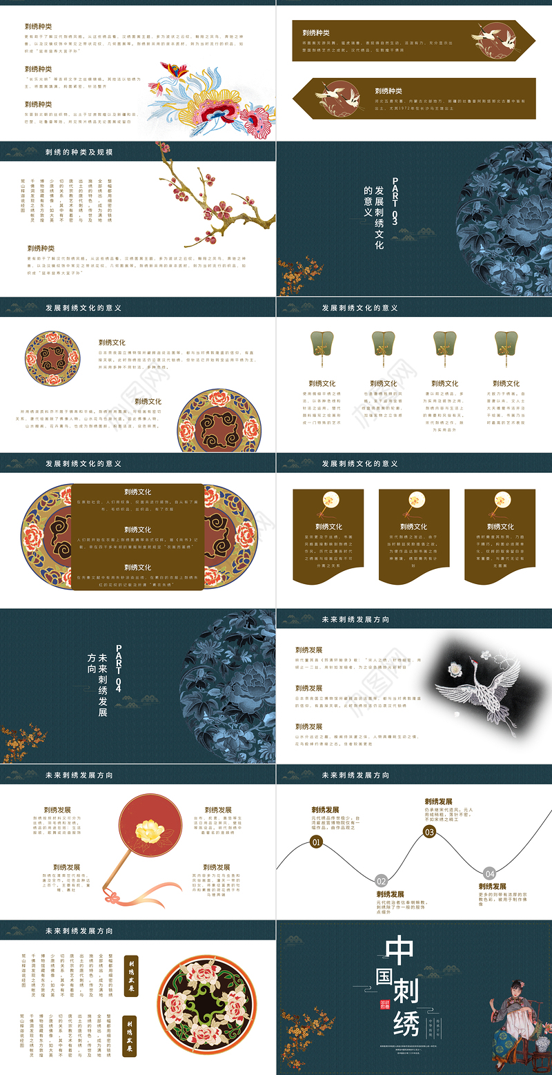 中国刺绣PPT雅致复古传统中国民间技艺刺绣文化发展及种类介绍模板下载