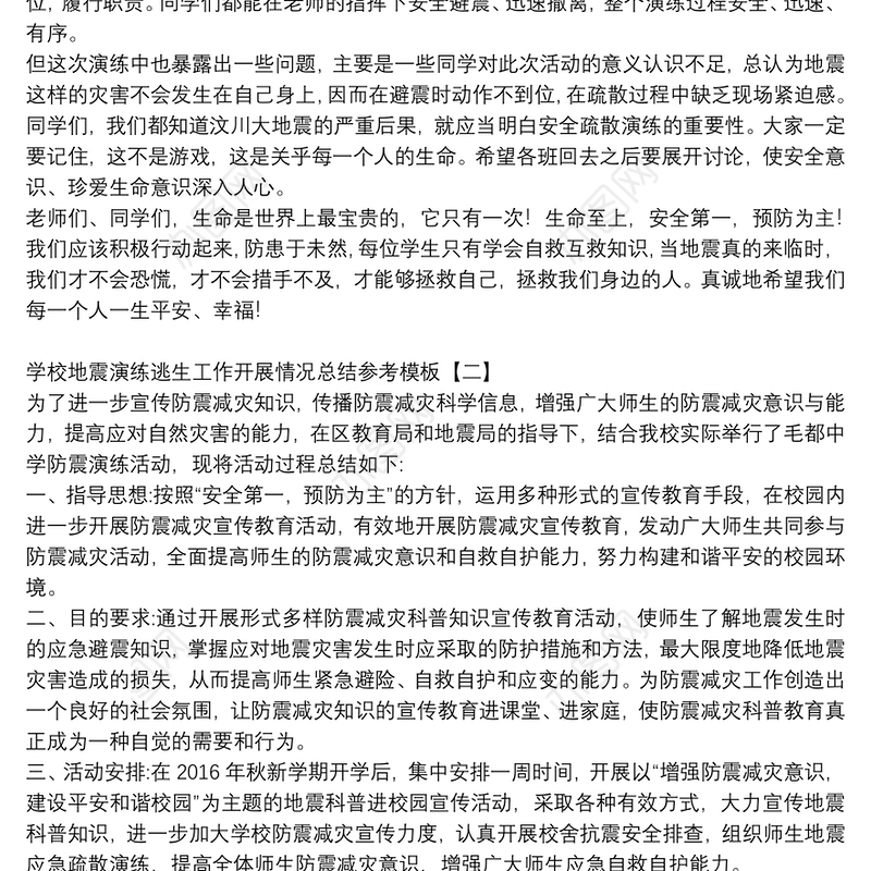 学校地震演练逃生工作开展情况总结参考模板