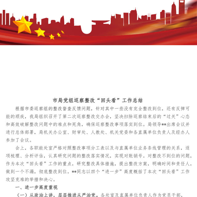 市局党组巡察整改回头看工作总结