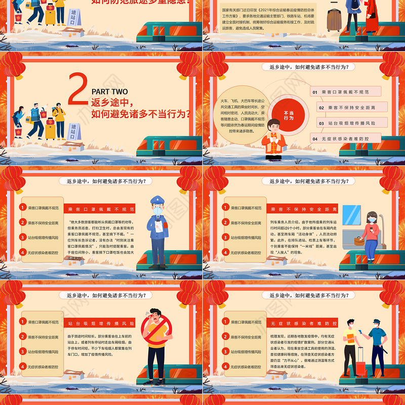 2022春运防疫PPT红色卡通中国风春运防疫平安回家防疫指南宣传模板