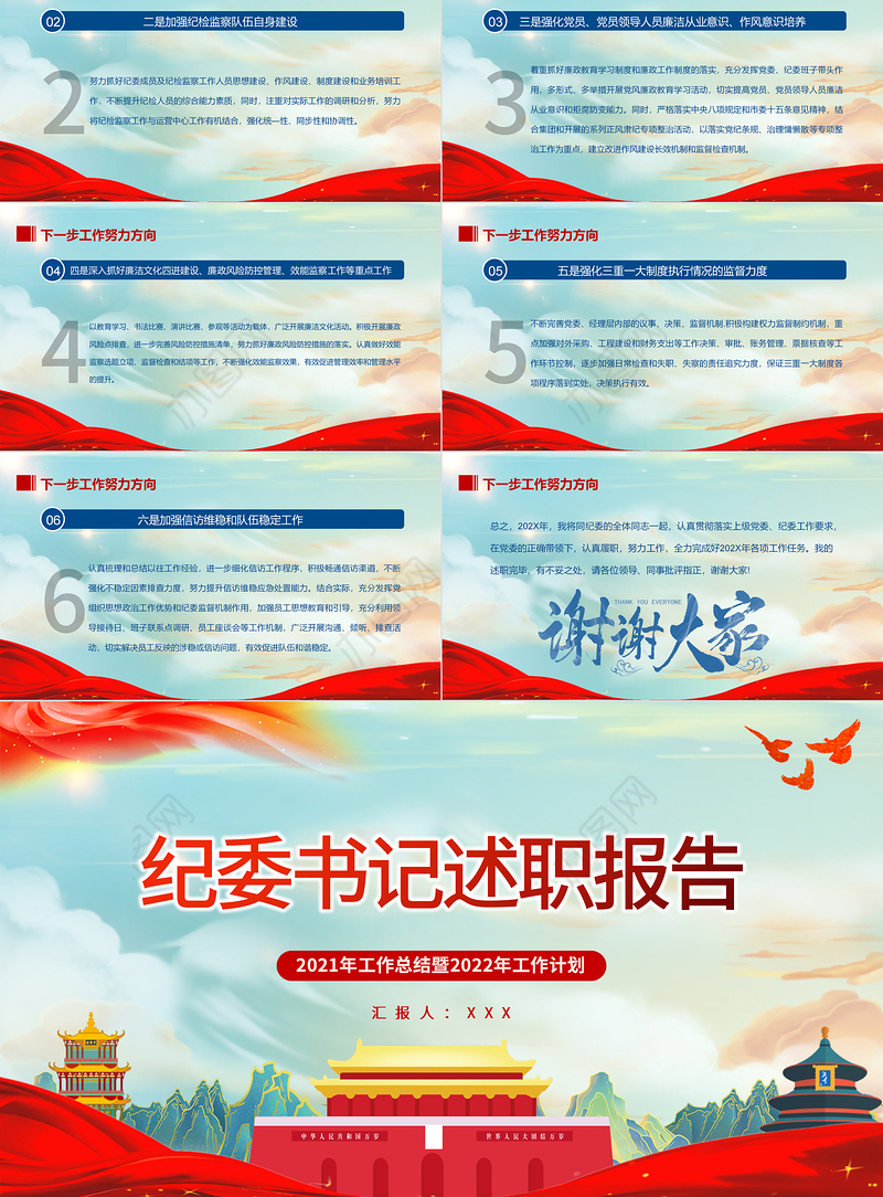 纪委书记述职报告PPT简约党政风党员干部工作总结暨新年工作计划专题党课课件模板