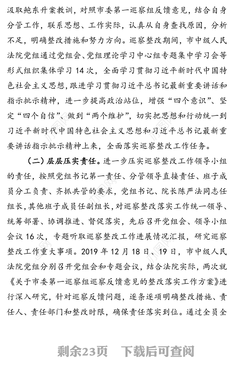 中共市中级人民法院党组关于巡察整改进展情况的通报