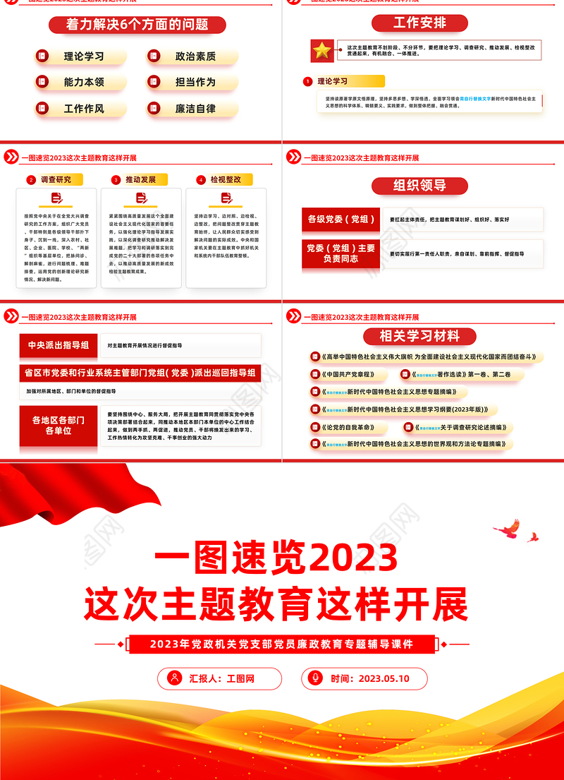 2023一图速览主题教育这样开展PPT红色党政风基层党委党支部党员干部主题教育专题党课课件模板下载