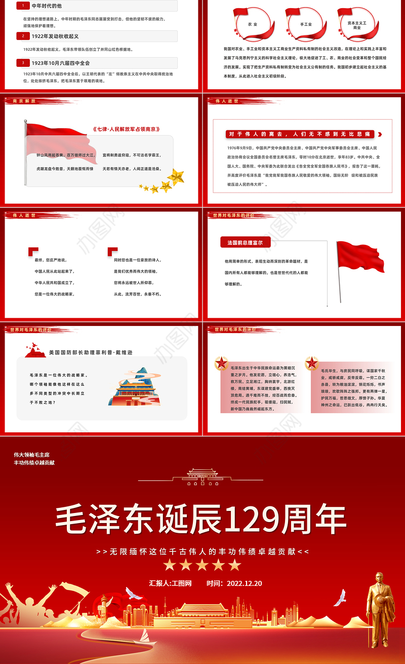 2022毛泽东129周年诞辰PPT红色复古党政风毛泽东诞辰129周年课件模板