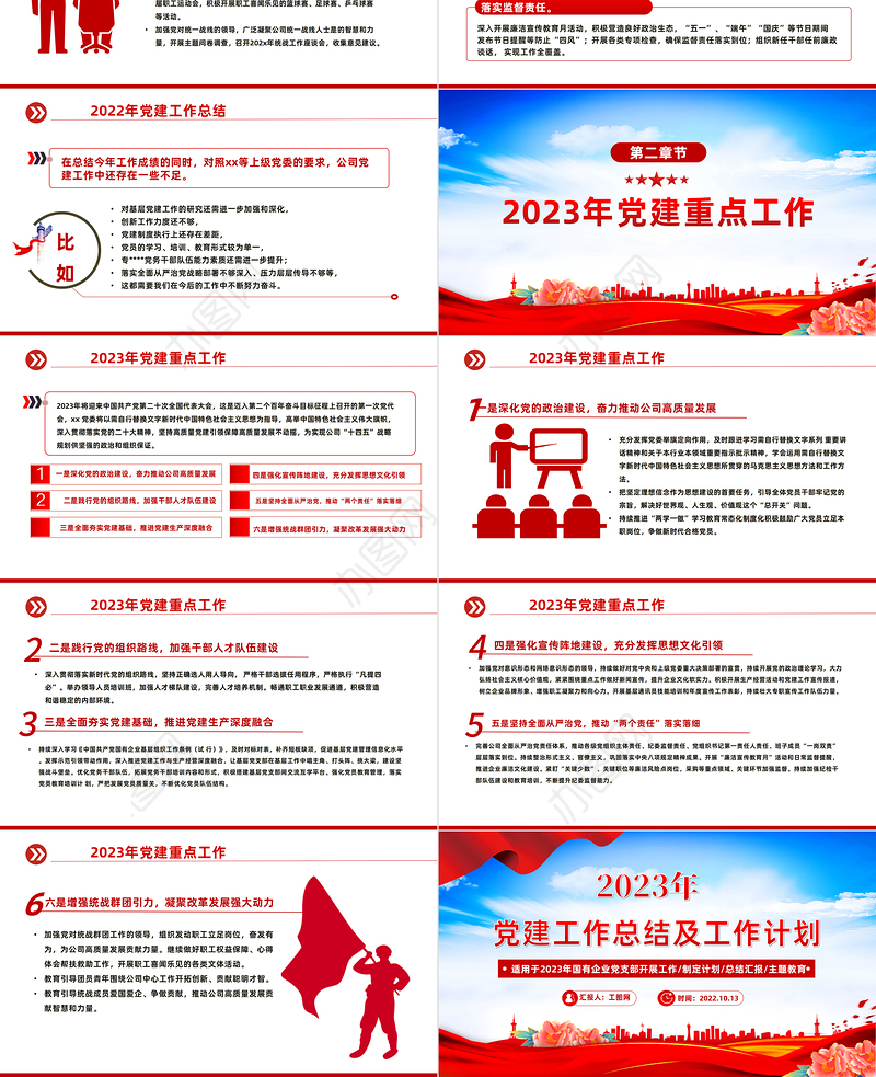 2022年党建工作总结及2023年工作计划PPT红色党政风国有企业党支部开展工作制定计划专题党建党课课件模板
