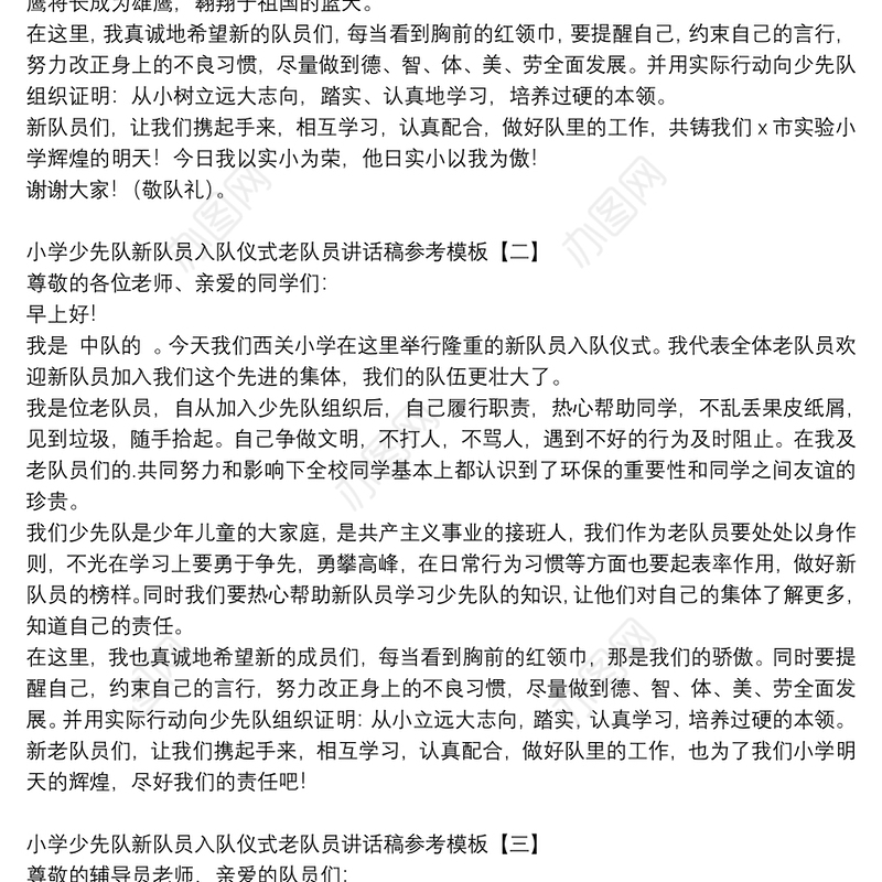 小学少先队新队员入队仪式老队员讲话稿参考模板