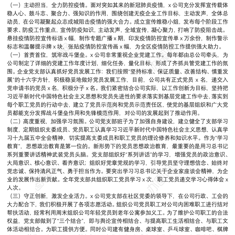 公司党支部书记抓基层党建工作书记述职报告