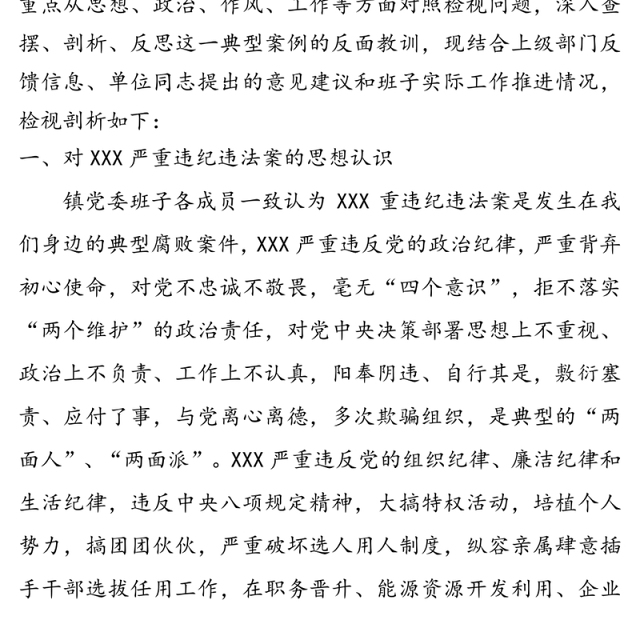 乡镇党委班子XX严重违纪违法案以案促改专题民主生活会检视剖析材料