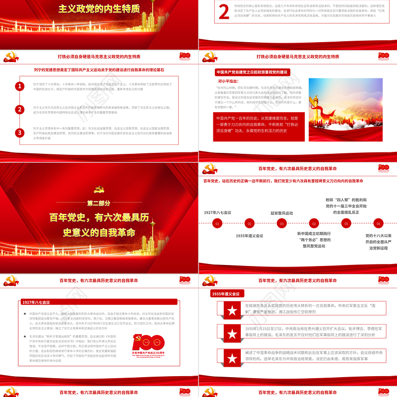 2021最具历史意义的六次自我革命PPT建党100周年专题辅导党课课件PPT模板