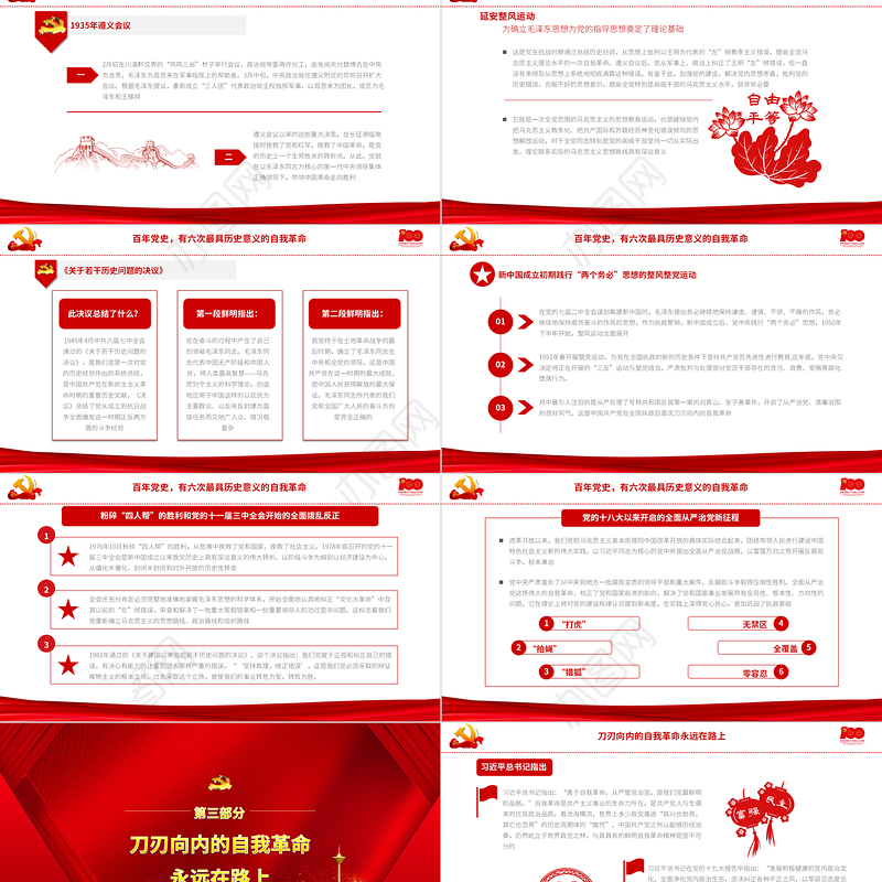 2021最具历史意义的六次自我革命PPT建党100周年专题辅导党课课件PPT模板