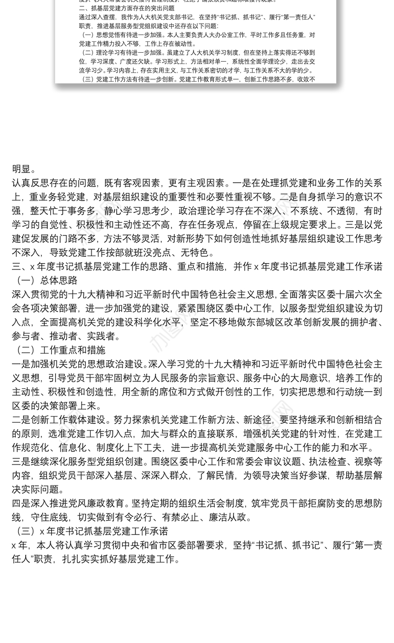 X区人大常委会机关党支部书记X年度书记抓基层党建工作述职报告