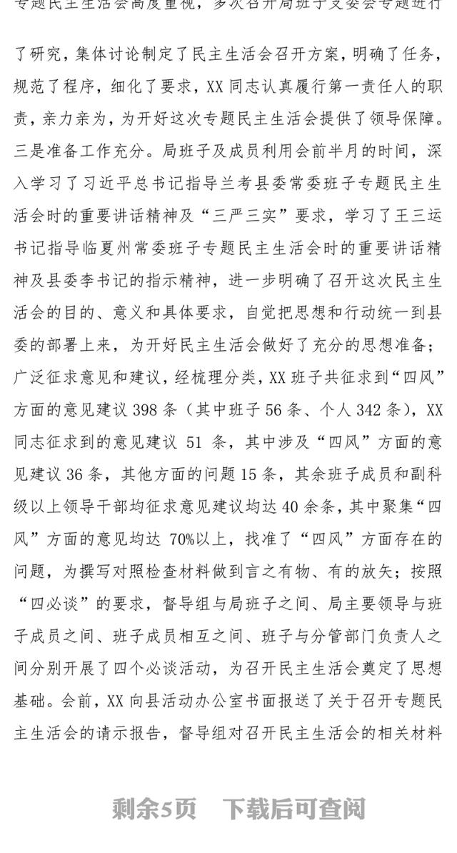 在XX局班子专题民主生活会上的点评发言材料