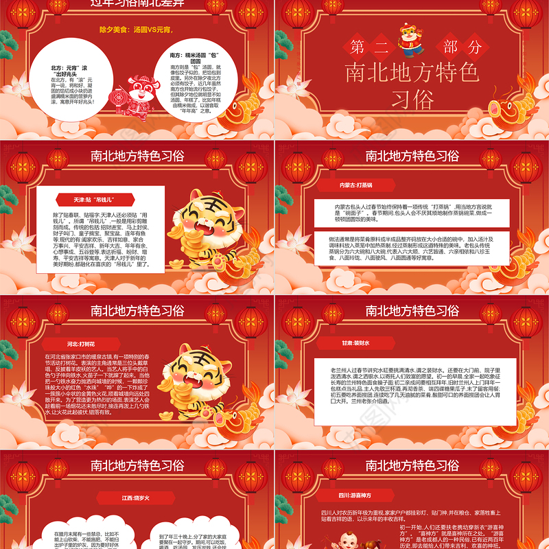 南北方春节习俗PPT红色简洁过年习俗差异中国传统文化知识主题班会课件下载