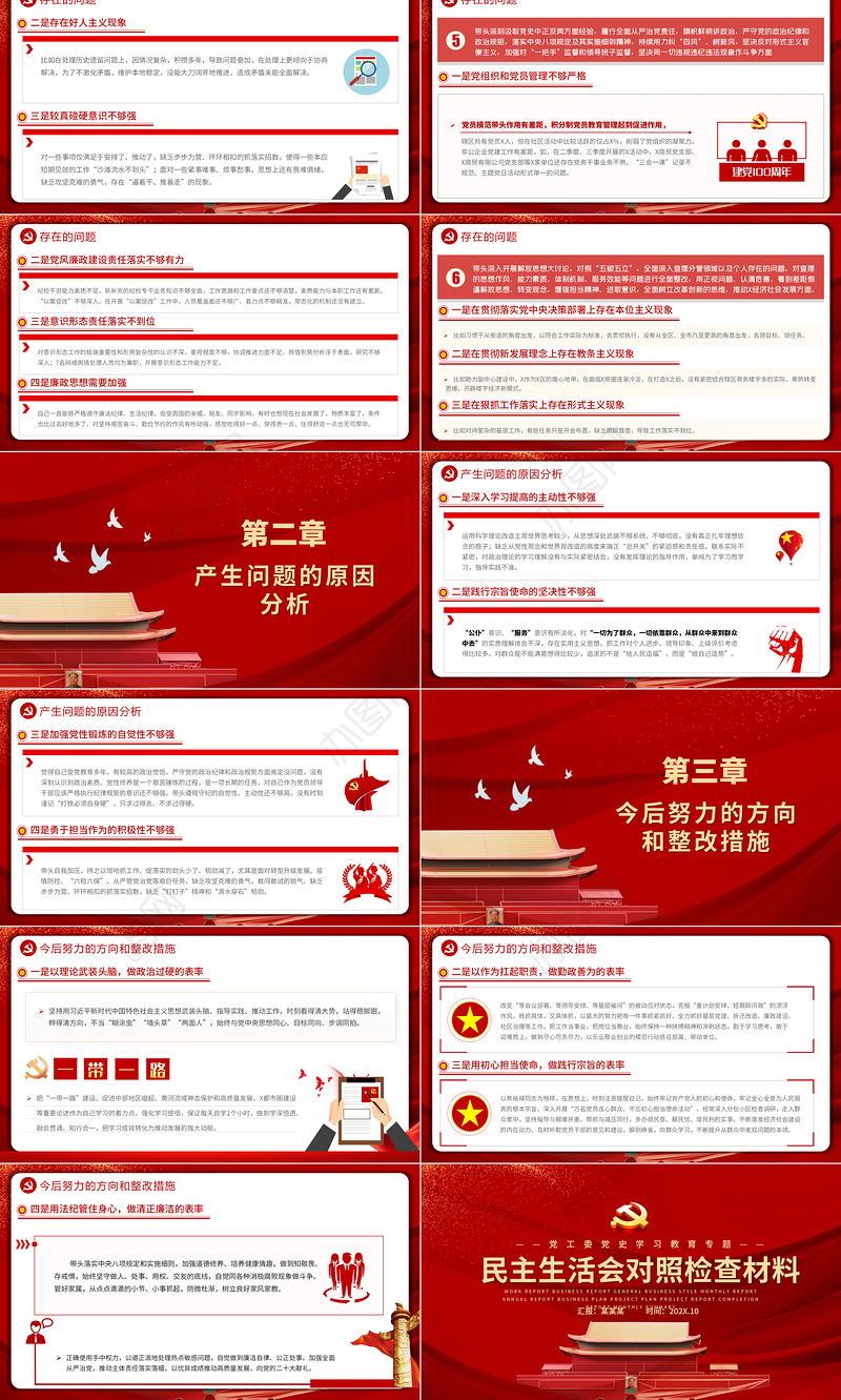 2022民主生活会对照检查材料PPT红色政党风党工委党史学习教育专题党课课件模板
