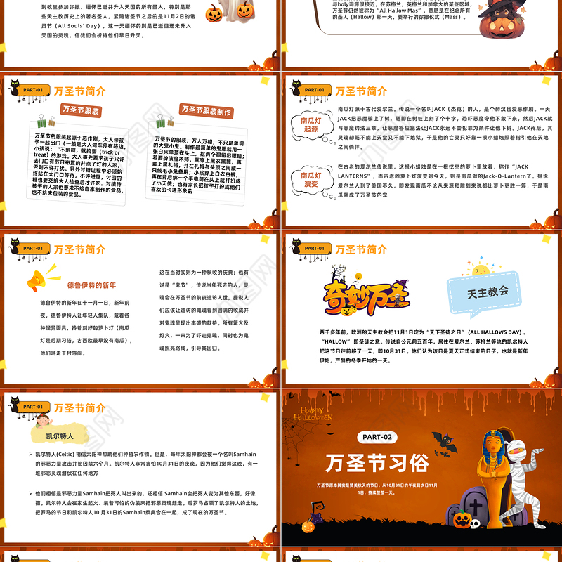 2023万圣节PPT卡通插画风不给糖就捣蛋万圣节介绍课件模板下载